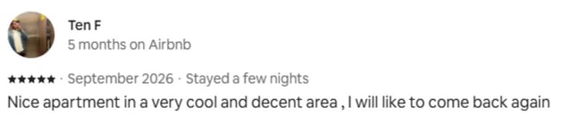 Guest review: Nice apartment in a very cool and decent area , I will like to come back again