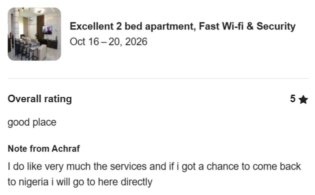 Guest review: good place Note from Achraf I do like very much the services and if i got a chance to come back to nigeria i will go to here directly
